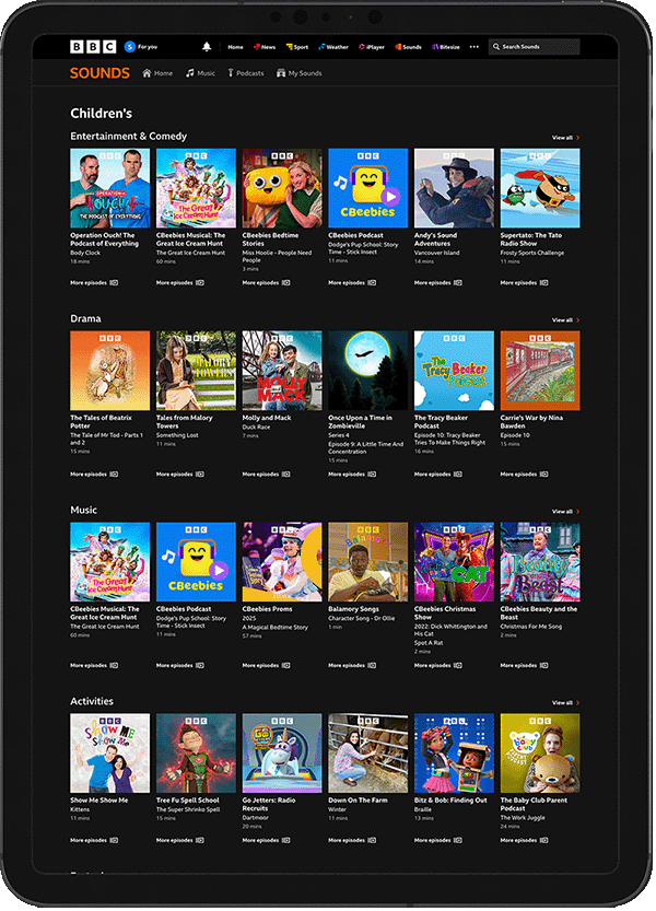 BBC Sounds Collections browse interface on tablet